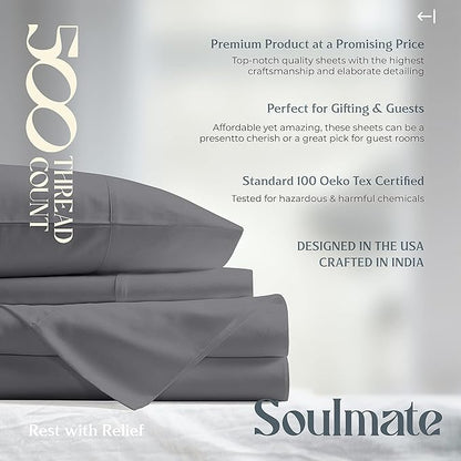 Mayfair Linen 100% Cotton Split King Sheets Sets for Adjustable Bed - 500 Thread Count Sleep Number Sheets Split Top King Size, 5 PC Set (Dark Grey), Soft, Cooling, 16" Deep Pocket Sateen Bedsheet