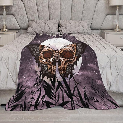 Death Moth Blanket, Boho Gothic Skull Moth Purple Starry Plant Full Moon Mysterious Witchy Throw Blanket for Couch Sofa Office Bed Travelling Bed Throws, 50"x60"