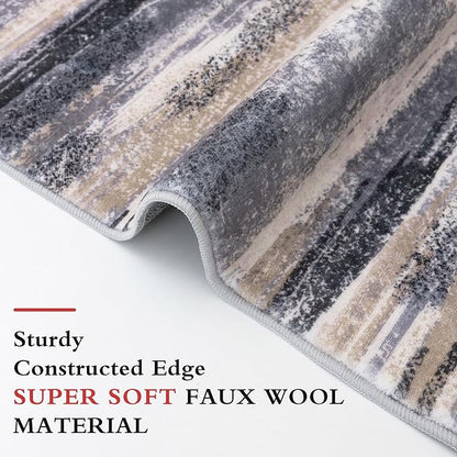 Modern Abstract 5x7 Machine Washable Area Rug Non-Slip Soft Bedroom Living Romm Rug Grey Black Multi Ultra Thin Print Faux Wool Floor Carpet Throw Rugs for Nursery Playroom Dining Room Indoor