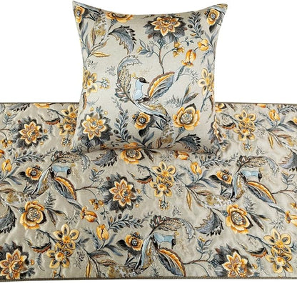The HomeCentric King/Queen/Twin Grey & Yellow Decorative CA King 86"x18" Bed Runner with Pillow Cover, Peacock, Quilted & Tassels Bed Scarf on Satin Fabric - Peacock Swag