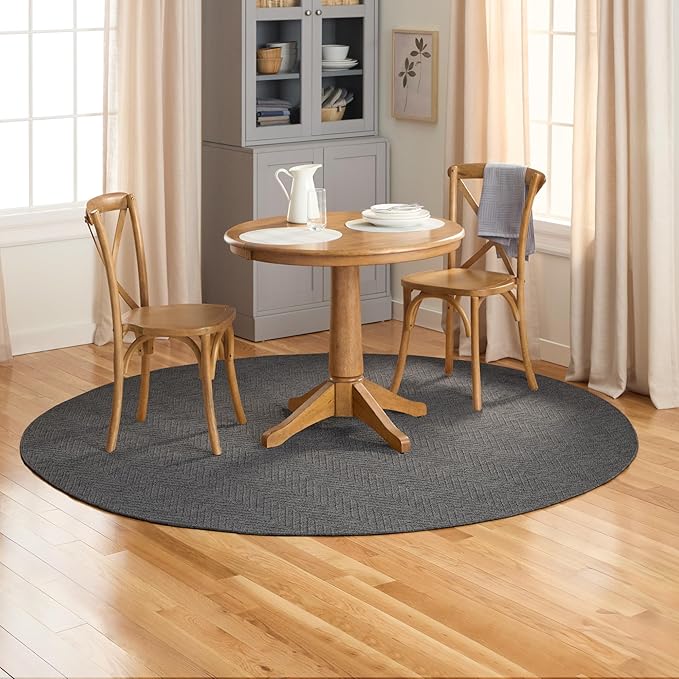 TOWN & COUNTRY BASICS Pax Herringbone Textured Solid Everwash® Washable Area Rug, Low Pile, Non-Slip Backing, Easy Clean Pet & Family Friendly Rug, Dark Grey, 8' Round