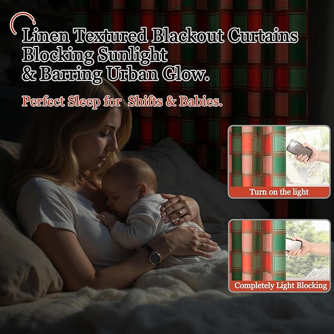Plaid Christmas Curtains for Living Room - Boho Cottage Linen Blackout Gingham Checkered Drapes Extra Long, Farmhouse Thermal Insulated Drapery for Bedroom Winter 52x96 Inch 2 Panels, Red Green