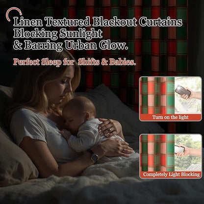 Plaid Christmas Curtains for Living Room 63 Inch Long - Boho Linen Blackout Curtains for Winter, Gingham Printed Drapes Patterned Thermal Drapes for Bedroom 52x63 Inch 2 Panels, Red Green