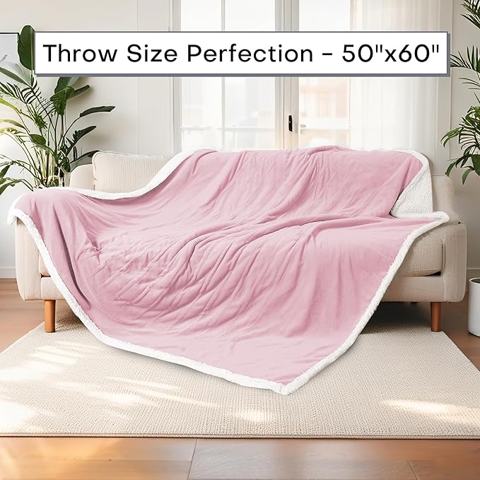 Electric Heated Blanket Throw Size 50"x60" - Dual-Sided with Microplush & Sherpa Fabric, 4 Heat Settings & 3 Hours Auto Off, Machine Washable - Pale Pink
