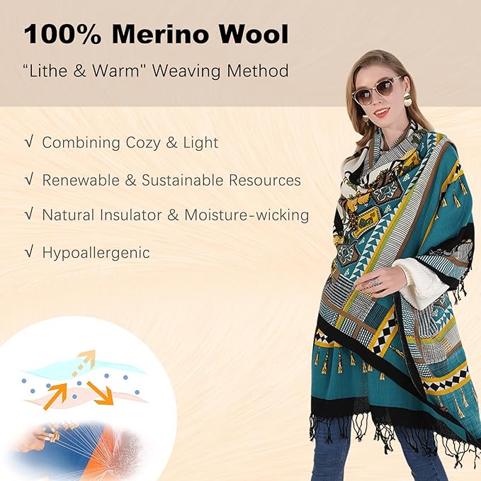 DANA XU 100% Merino Wool Pashmina Shawl for Women 96"x43", Oversized Cashmere Wrap with Tassels, Floral Travel Blanket Cape