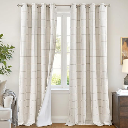 Plaid Curtains Pattern Printed 90 Inches Long - Total Linen Blackout Curtains for Living Room, Boho Cottage Core Grommet Drapes for Farmhouse Thermal Drapery 52x90 Inch 2 Panels, Natural