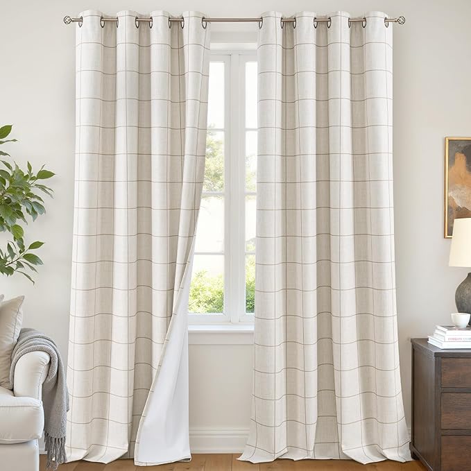 Plaid Patterned Curtains Thermal Insulated - 96 Inches Extra Long Total Linen Blackout Curtains for Living Room, Boho Drapery for Farmhouse Bedroom 52x96 Inch 2 Panels, Natural