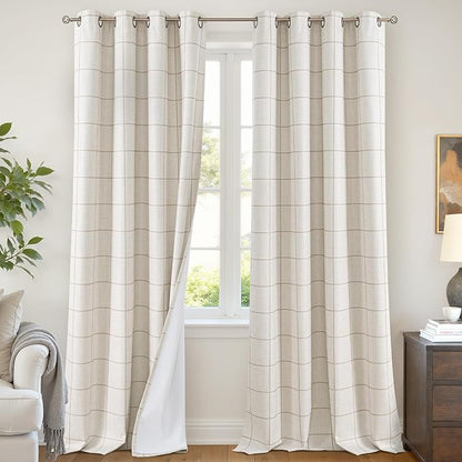 Plaid Patterned Curtains Thermal Insulated - 96 Inches Extra Long Total Linen Blackout Curtains for Living Room, Boho Drapery for Farmhouse Bedroom 52x96 Inch 2 Panels, Natural