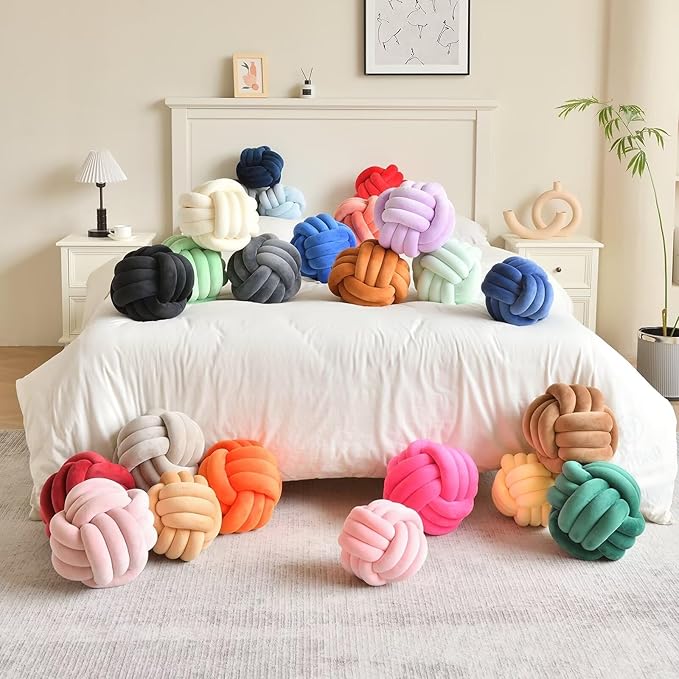 Decorative Throw Knot Pillow Ball for Home Chair Sofa Couch Bed Aesthetic Round Velvet Knotted Pillow Cushion (Purple, 8 inches)