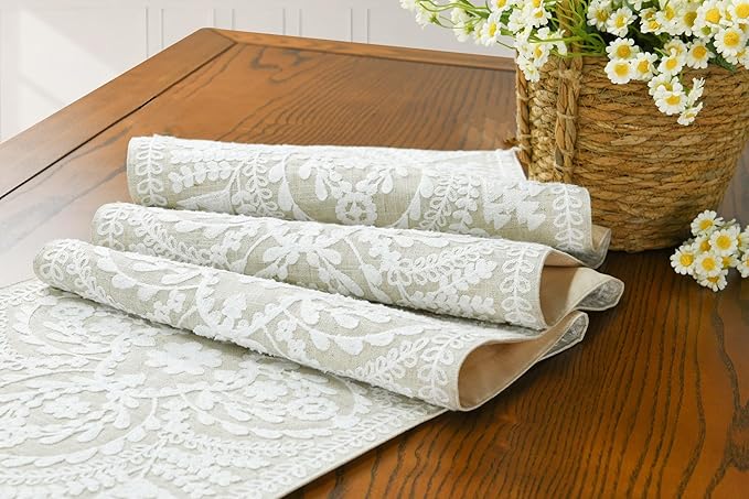KEVA Boho Table Runner 54inches Long, Farmhouse Rustic Vintage White Embroidered Table Runners 13x54 Inch for Dining Table Decorations