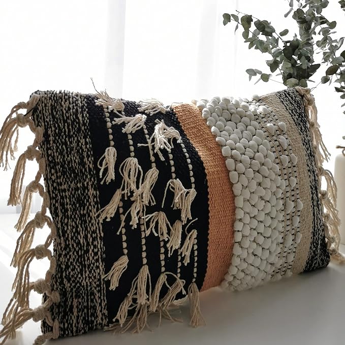 Decorative Boho-Chic Premium Pillow Cover 12x20 Handwoven Tufted Cotton Lumbar Accent Pillows, Neutral Earthly Color Throw Cushion, Farmhouse & Bohemian Home Decor (Limited Edition-Cover Only)