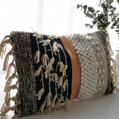 Decorative Boho-Chic Premium Pillow Cover 12x20 Handwoven Tufted Cotton Lumbar Accent Pillows, Neutral Earthly Color Throw Cushion, Farmhouse & Bohemian Home Decor (Limited Edition-Cover Only)