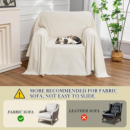 MEETSKY Oversized Chair Cover Washable Armchair Sofa Cover for Dog, Couch Protector for Sofa Single Cover, Small Couch Cover Sofa Throw Cover with Tassel, 71" x 91", Beige