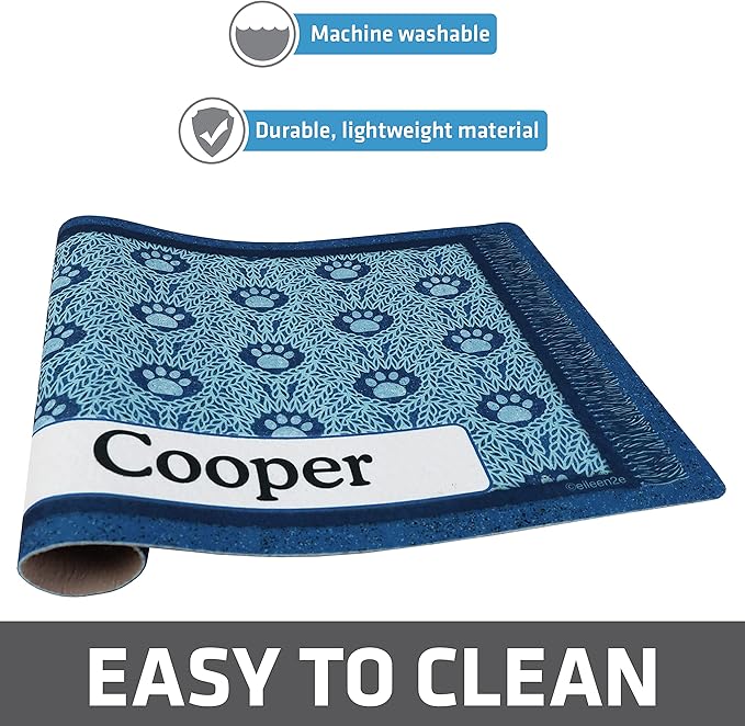 Drymate Personalized Pet Bowl Placemat, Custom Dog & Cat Food Feeding Mat - Absorbent Fabric, Waterproof Backing - Machine Washable/Durable (USA Made) (12" x 20") (Blue Paw Braid)