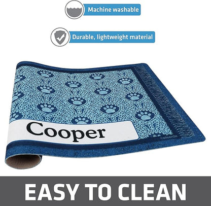 Drymate Personalized Pet Bowl Placemat, Custom Dog & Cat Food Feeding Mat - Absorbent Fabric, Waterproof Backing - Machine Washable/Durable (USA Made) (12" x 20") (Blue Paw Braid)