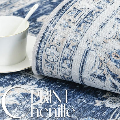 jinchan Fiora Hallway Runner Rug 3x10 Machine Washable Runner Rug Dark Blue Vintage Floral Design Non-Slip Low Pile Ultra-Thin for Kitchen Laundry Room Bedroom Farmhouse (3‘x10', Dark Blue)