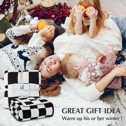 WRENSONGE Checkered Throw Blanket, Black and White Soft Cozy Fluffy Warm Hand Made Throw Blankets for Couch, Sofa, Chair, Bed, Camping, Picnic, Travel Lightweight Bed Blanket - 60"*80"