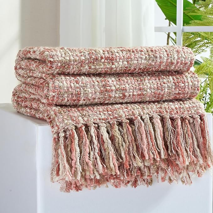 Multi-Color Light Pink Cable Knitted Throw Blanket for Couch,50"X60" Boho Style Textured Blankets for Home Decor,Super Soft Warm Cozy Chunky Knit Blanket with Decorative Tassels for Bed