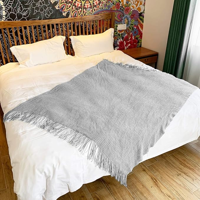 LOMAO Knitted Throw Blanket with Tassels Bubble Textured Lightweight Throws for Couch Cover Home Decor (Light Grey, 60x80)