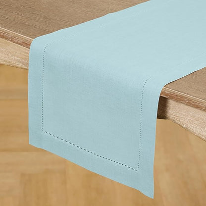 Solino Home Linen Aqua Blue Table Runner 132 Inches Long - 100% Pure Linen Extra Long Table Runner 14 x 132 Inch for Christmas, Holiday, New Year - Classic Hemstitch
