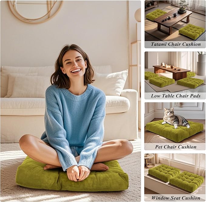 Meditation Floor Pillow 22×22 Inch 2 Pack Large Floor Cushions for Adults Square Tufted Corduroy Floor Pillows for Yoga Living Tatami Room Green