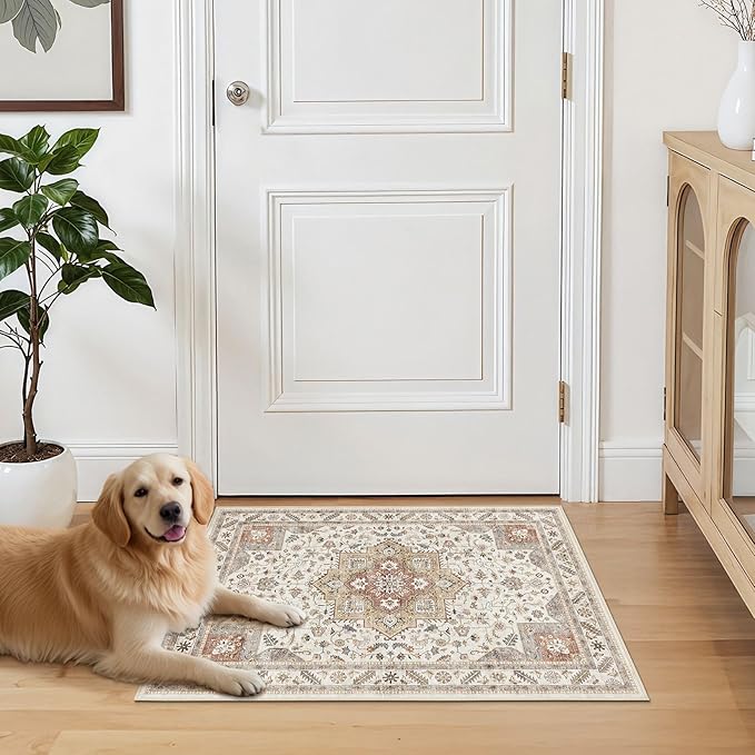 Vintage Living Room Area Rug 2x3 - Large Soft Washable Oriental Traditional Distressed Farmhouse Rugs for Bedroom - Indoor Floor Accent Carpet for Home Office House Decor - Golden Taupe
