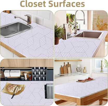 Shelf Liners for Kitchen Cabinets 12in x 30FT, Non Adhesive Cabinet Liner Strong Non-Slip Thickened Silver Geometric Easy to Clean for Shelf, Cabinet, Refrigerator with Knife and Tape Measure