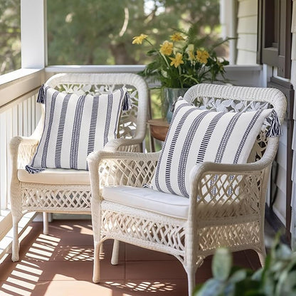 Smile Bee Spring Boho Outdoor Throw Pillow Covers Set of 2, Decorative Woven Striped Pillow Covers with Tassels for Couch Bed Sofa, 18x18 Inch, Navy Blue and Cream White