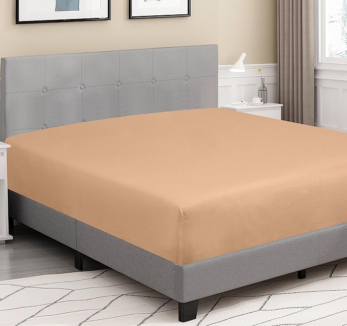 ROYALE LINENS 300 Thread Count 100% Long Staple Combed Cotton Fitted Sheet King - Super Soft Deep Pocket Bottom Sheet - Fitted Sheets Only - Elastic Sheets (King, Sand)