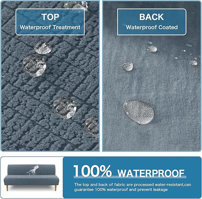 H.VERSAILTEX 100% Waterproof Stretch Futon Slipcover Armless Sofa Cover Furniture Protector Without Armrests Slipcover Soft with Elastic Bottom for Kids, Spandex Jacquard Small Checks, Stone Blue