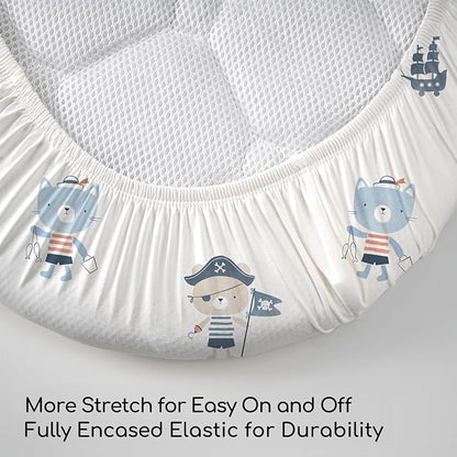Baby Bassinet Sheets Girl Boy, Stretch Fitted Bassinet Sheet Set 3 Pack Bassinet Mattress Sheets Universal Fit for Rectangle, Round, Oval, Hourglass Mattress, Soft Breathable Blue Ocean Sailor