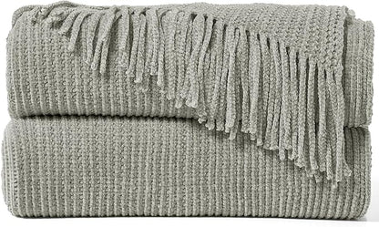 inhand Throw Blanket for Couch Bed,Chunky Chenille Woven Soft Blankets with Tassels, Cozy Boho Farmhouse Fall Winter Decor,Warm for Women,60"x80",Medium Thick-Light Grey