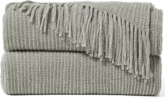 inhand Throw Blanket for Couch Bed,Chunky Chenille Woven Soft Blankets with Tassels, Cozy Boho Farmhouse Fall Winter Decor,Warm for Women,60"x80",Extra Thick-Light Grey