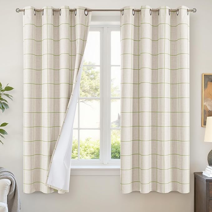 Sage Green Plaid Linen Blackout Curtains for Bedroom - Boho Style Curtains Thermal Insulated, Pattern Printed Rustic Drapes Window Treatments for Farmhouse, 52x63 Inch 2 Panels