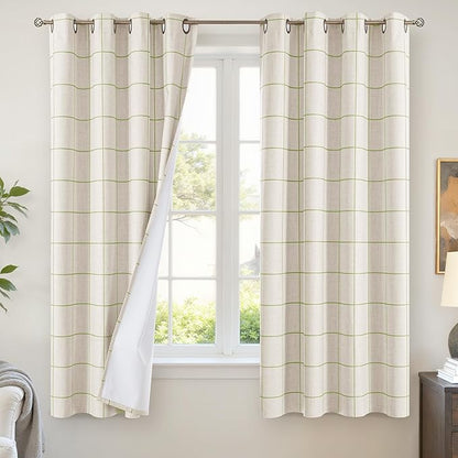 Sage Green Plaid Linen Blackout Curtains for Bedroom - Boho Style Curtains Thermal Insulated, Pattern Printed Rustic Drapes Window Treatments for Farmhouse, 52x63 Inch 2 Panels