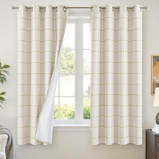 Sage Green Plaid Linen Blackout Curtains for Bedroom - Boho Style Curtains Thermal Insulated, Pattern Printed Rustic Drapes Window Treatments for Farmhouse, 52x63 Inch 2 Panels