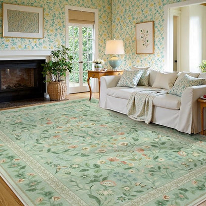 Lahome Floral 9 x 12 Area Rugs for Living Room, Green Non-Slip Untra-Thin Washable Dining Room Rug, Vintage Botanical Print Low-Pile Soft Carpet for Bedroom Office, Sage
