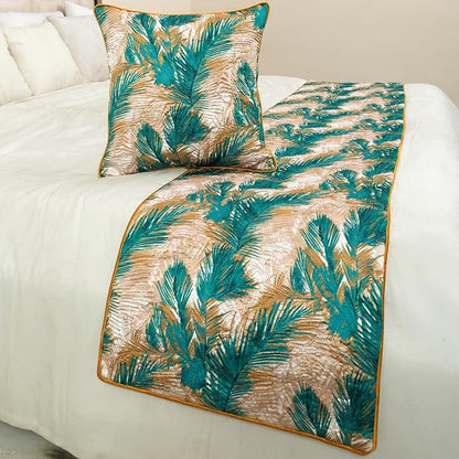 The HomeCentric King/Queen/Twin Green Decorative Queen 74"x18" Bed Runner Without Pillow Cover, Plam Leaves & Quilted Bed Scarf on Satin Fabric - Palms