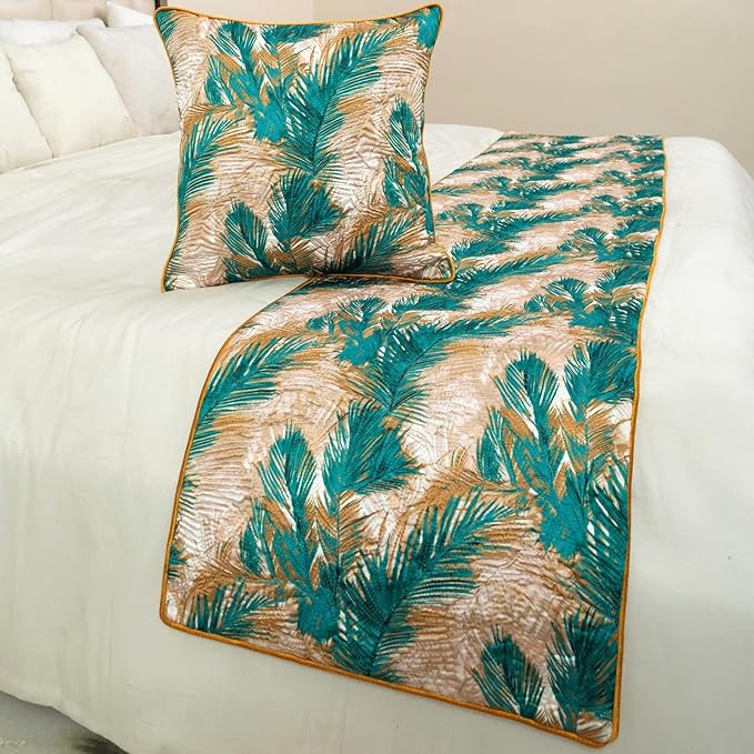 The HomeCentric King/Queen/Twin Green Decorative CA King 86"x18" Bed Runner with Pillow Cover, Plam Leaves & Quilted Bed Scarf on Satin Fabric - Palms