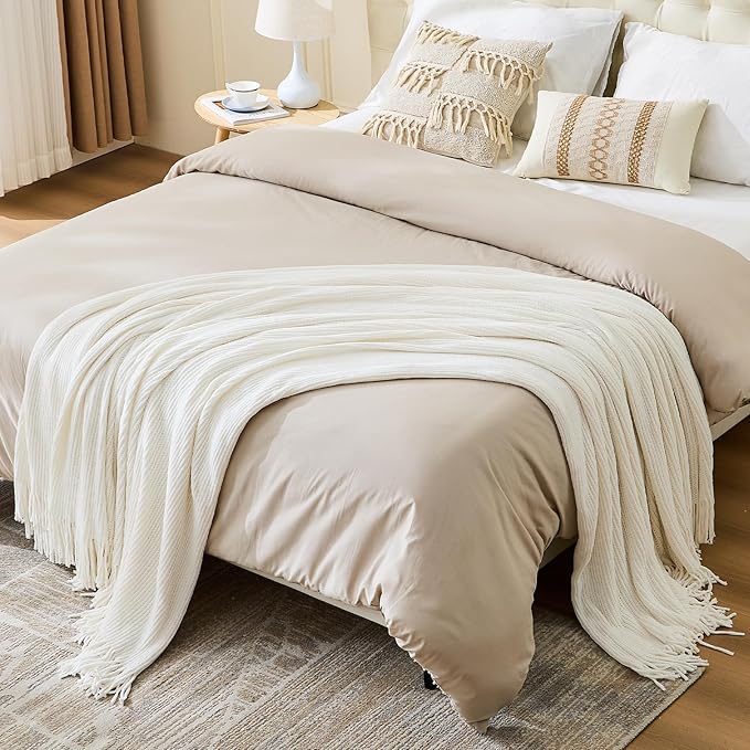 inhand Throw Blanket for Couch Bed,Chunky Chenille Woven Soft Blankets with Tassels, Cozy Boho Farmhouse Fall Winter Decor,Warm for Women,60"x80",Extra Thick-Off White