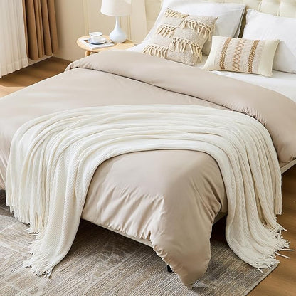 inhand Throw Blanket for Couch Bed,Chunky Chenille Woven Soft Blankets with Tassels, Cozy Boho Farmhouse Fall Winter Decor,Warm for Women,60"x80",Medium Thick-Off White