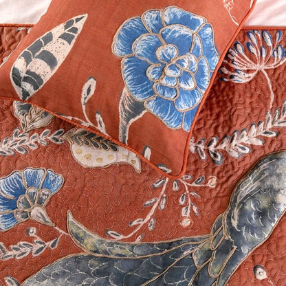 The HomeCentric Orange Bed Runner Without Pillow Cover, Full Size 68"x18" Decorative Bed Runner, Rust or Orange Linen Bed Scarf in Quilted Peacock, Linen & Jute Embroidery - Peacock Soiree