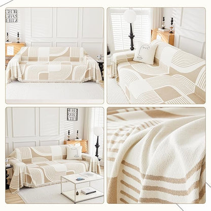 Boho Couch Cover Sofa Covers Washable, Chenille Couch Covers for 3 Cushion Couch Sofa Pet Friendly, Bohemian Sofa Slipcovers for Sectional Sofa, Loveseat, 2 3 4 Seater (71" x 118", Khaki)
