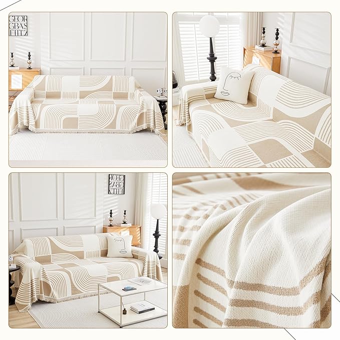 Boho Couch Cover Sofa Covers Washable, Chenille Couch Covers for 3 Cushion Couch Sofa Pet Friendly, Bohemian Sofa Slipcovers for Sectional Sofa, Loveseat, 2 3 4 Seater (91" x 118", Khaki)