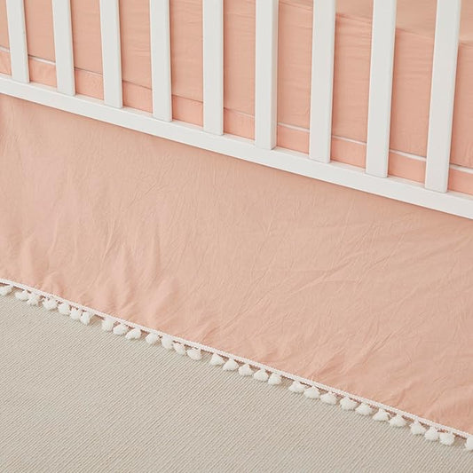 Brandream Boho Bohemian Girl Baby Nursery Crib Bed Skirt 100% Cotton Pleated Dust Ruffle Farmhouse Chic Ruffle Minimalist Tassel Fringe Macrame Luxury Toddler Bedskirt Solid Blush