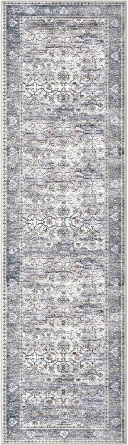 KUTA Vintage Floral Washable Hallway Runner, 2x7 Runners for Hallways Non-Slip Kitchen Rugs Grey Blue Ultra Thin Soft Printed Distressed Oriental Floor Carpet for Laundry Bedroom Living Room Nursery