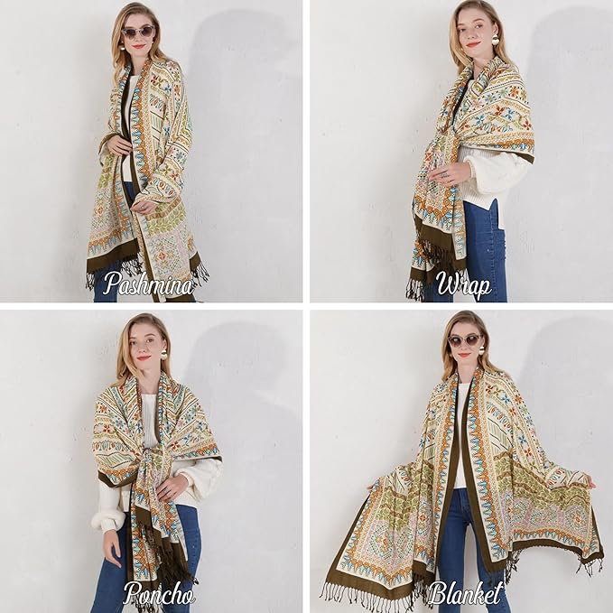 DANA XU 100% Merino Wool Pashmina Shawl for Women 96"x43", Oversized Cashmere Wrap with Tassels, Floral Travel Blanket Cape