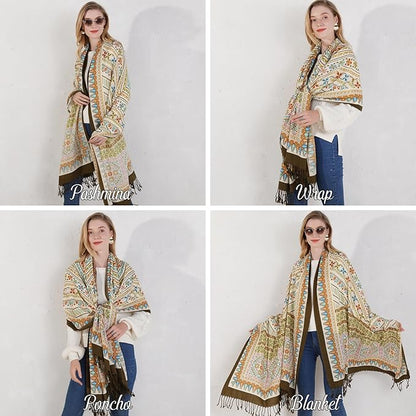 DANA XU 100% Merino Wool Pashmina Shawl for Women 96"x43", Oversized Cashmere Wrap with Tassels, Floral Travel Blanket Cape