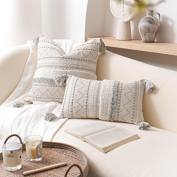 BlissBlush Decorative Lumbar Throw Pillow Cover 12x20 Combo Set of 2 Gray Rectangular Boho Accent Pillowcase Neutral Grey Farmhouse Cushion for Couch Sofa Bedroom Living Home Décor Cover ONLY