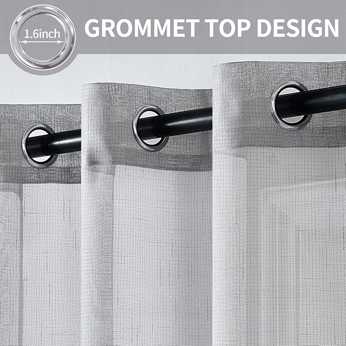MIULEE 2 Panel Natural Linen Long Semi Sheer Window Curtains - Elegant Solid Light Grey Drapes with Grommet Top - Voile Panels, Linen Textured for Bedroom & Living Room (52X108 Inch)